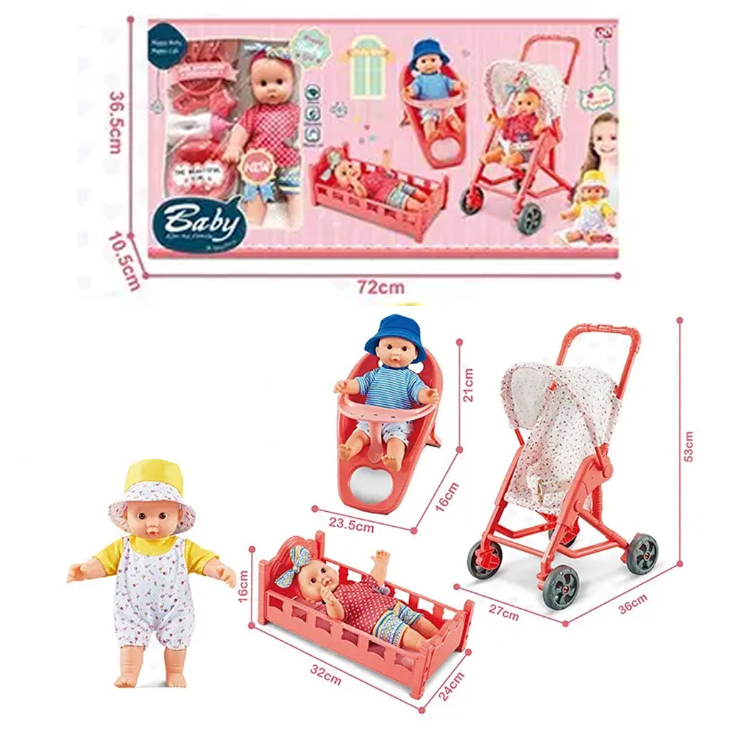 12 inch cotton body vinyl figurine handcart, dining chair, sleeping bed, tableware set