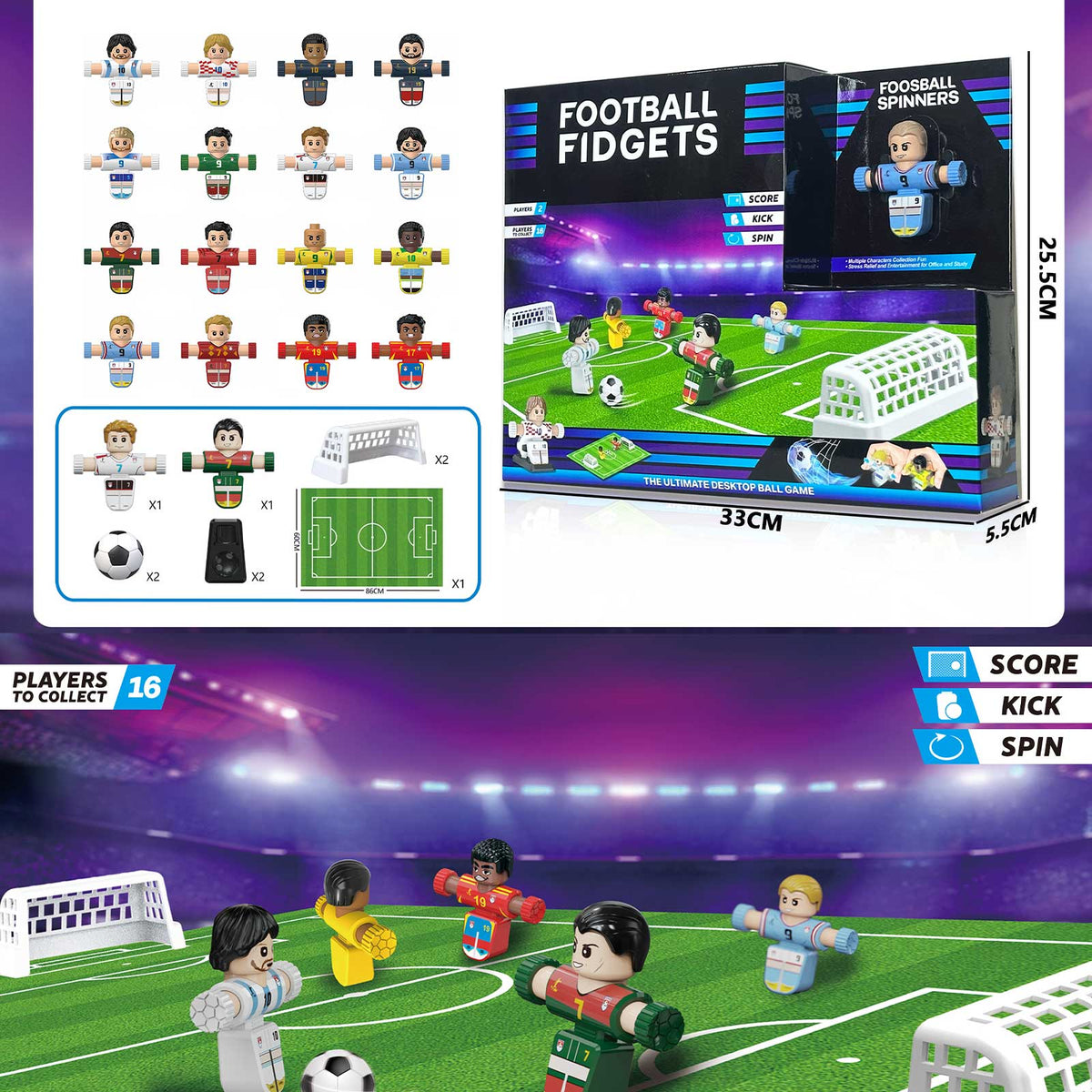 Spinning Footballer Fidgeter, 2 figure and 2 football and 2 low Gate and 1 mat and 2 whistle, 7 style mixed,
