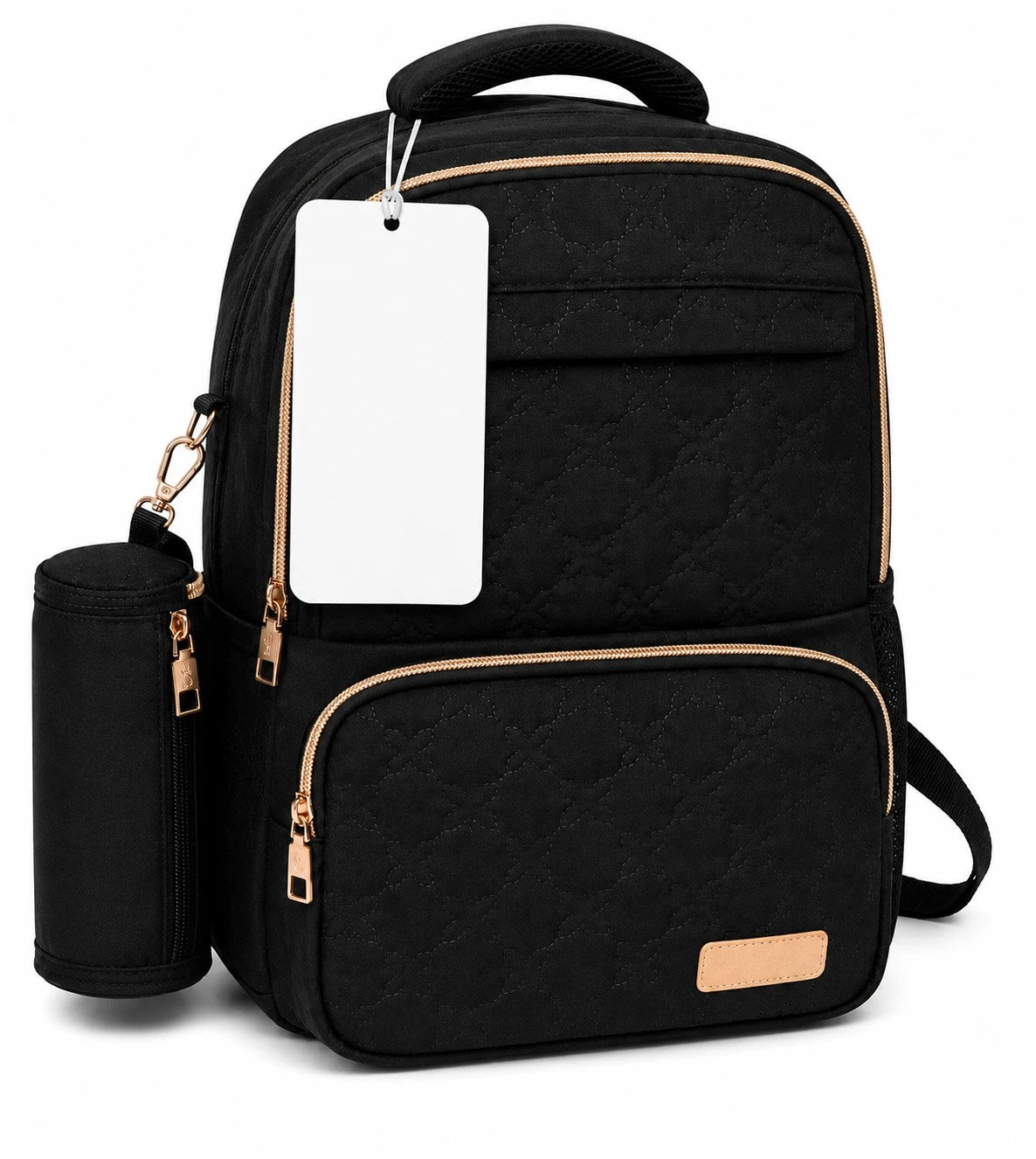 Black Quilted Backpack with Bottle Holder