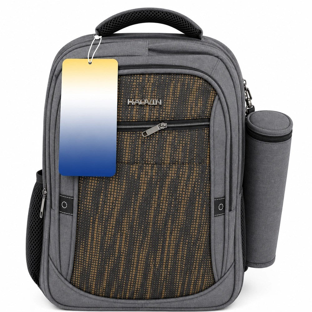 Grey Patterned School Backpack with Bottle Holder