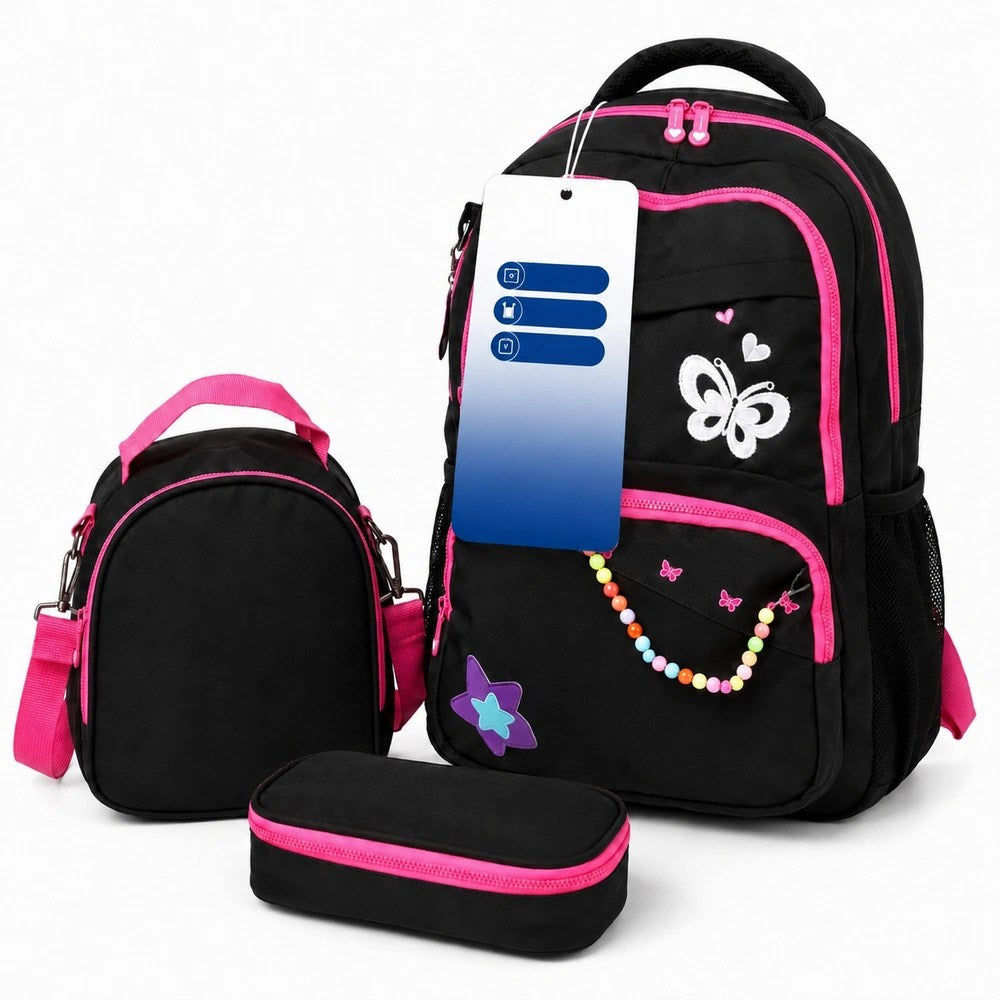 Black & Pink Butterfly 3-Piece School Backpack Set