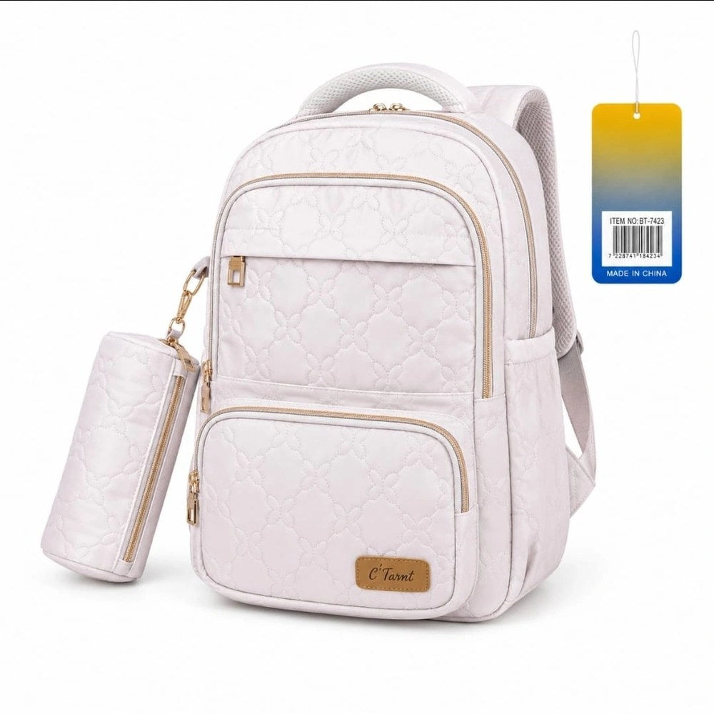 White Quilted Backpack with Pencil Case