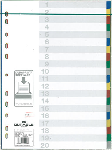 DURABLE DIVIDER INDEXES COLOURED WITH 20 TABS 6758