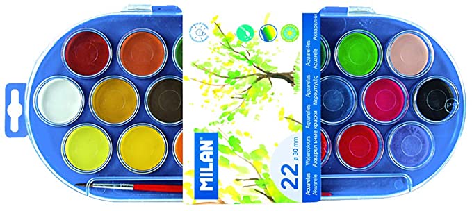 SET OF 22 WATERCOLOUR TABLETS WITH PAINTBRUSH 30MM MILAN 80022
