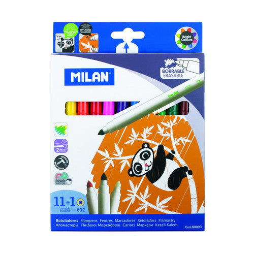 MILAN BOX OF 12 CONE TIPPED ERASABLE FIBERPENS 11 COLOURS + 1 ERASER 80093