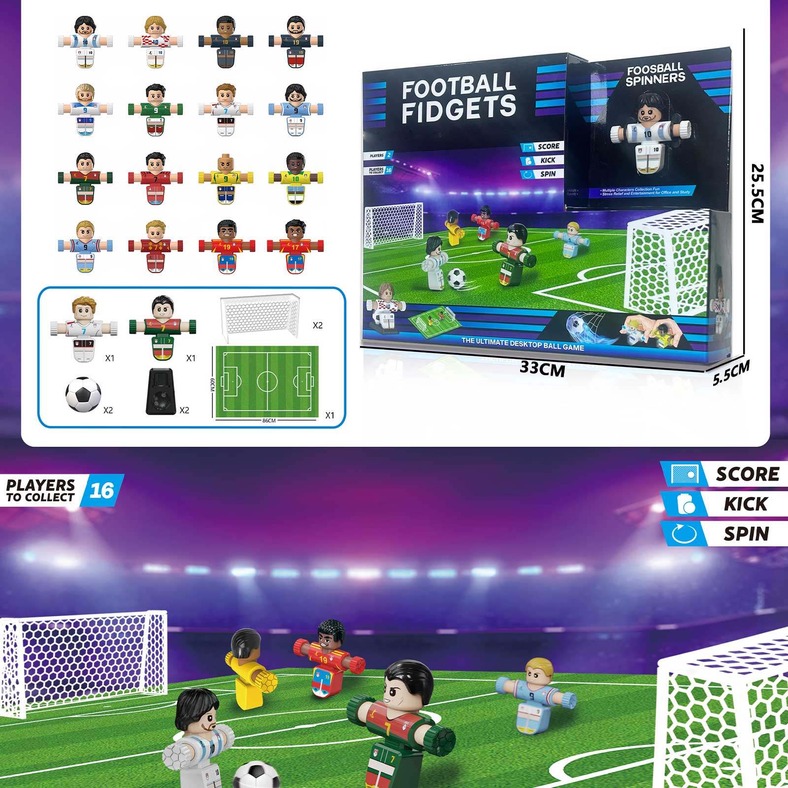 Spinning Footballer Fidgeter, 2 figure and 2 football and 2 High Gate and 1 mat 2 whistle, 7 style mixed,