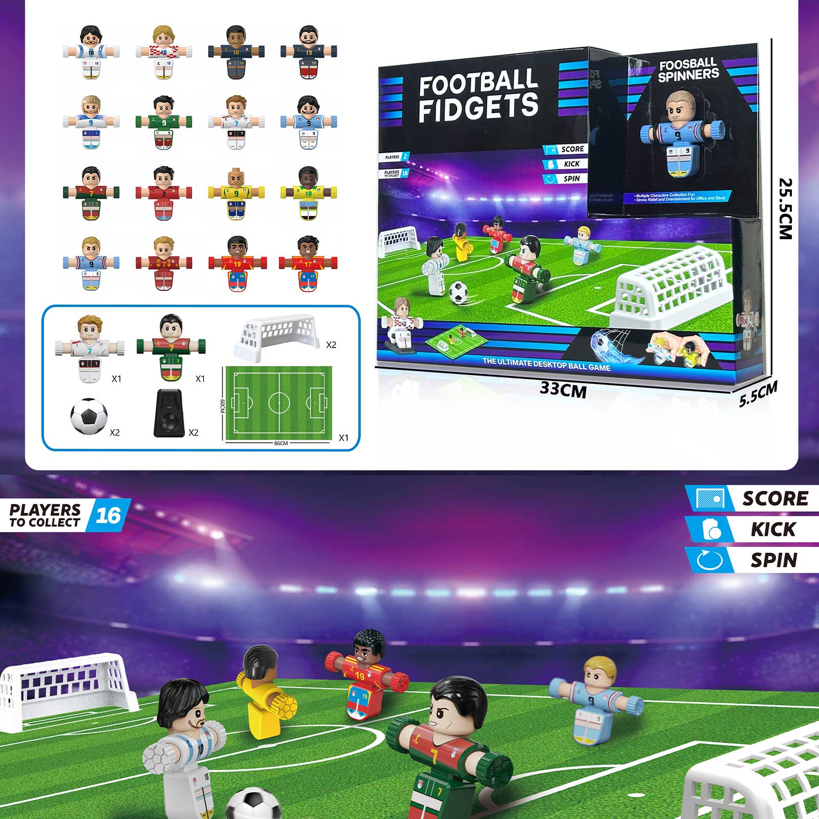 Spinning Footballer Fidgeter, 2 figure and 2 football and 2 low Gate and 1 mat and 2 whistle, 7 style mixed,
