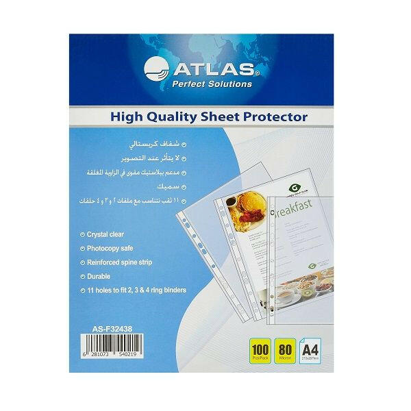 Atlas A4 Clear Punch Pocket Protector, 80 Micron, 100 Pieces