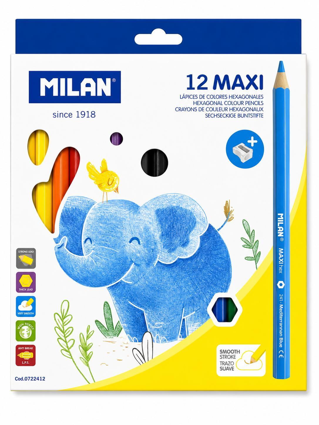 BOX OF 12 MAXI HEXAGONAL COLOURED PENCILS MILAN 722412