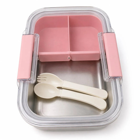 Stainless Steel Bento Lunch Box with Compartments &amp; Cutlery – Pink
