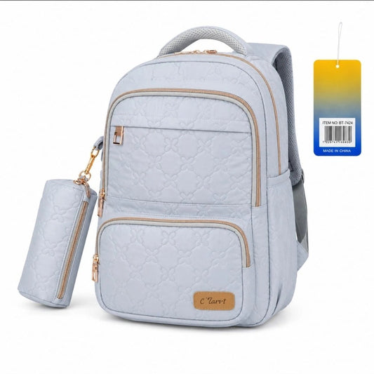 Light Blue Quilted Backpack with Pencil Case