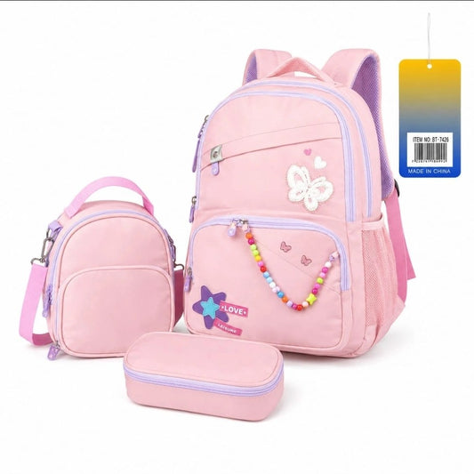 Pink Butterfly 3-Piece School Backpack Set