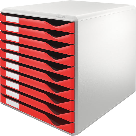 Leitz 52810025 ten-drawer cabinet, red drawers and light grey housing