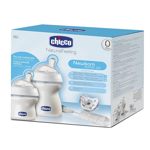 Chicco NaturalFeeling newborn starter set retail packaging showing two bottles, soother and bottle brush